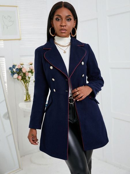 

lapel neck double breasted contrast binding overcoat c8iq#, Black