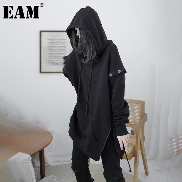 

eam] loose fit black irregular long sweatshirt new hooded long sleeve women big size fashion spring autumn 2021 1dd1581