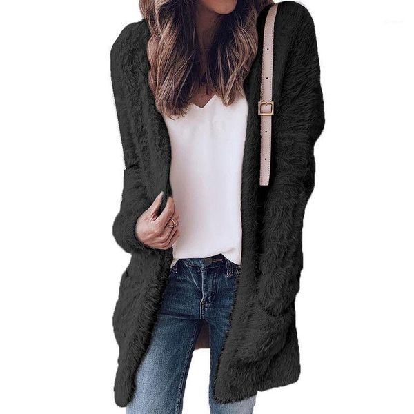 

2018 new women winter warm fleece blend long cardigan jacket ladies casual solid loose outerwear fluffy coat1, Black;brown