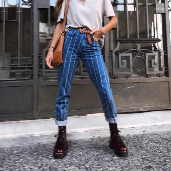 

2020 spring stripe high waist jean women blue elasticity skinny denim plus size pants office ladies vaqueros mujer female1