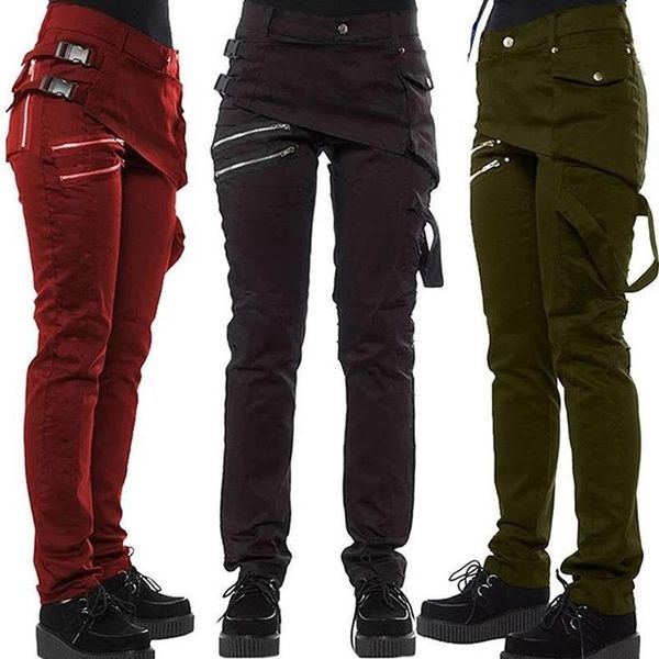 

women gothic pants zipper pockets rivet steampunk trousers 2019 fashion autumn winter hip hop rock style pants girl plus size k2, Black;white
