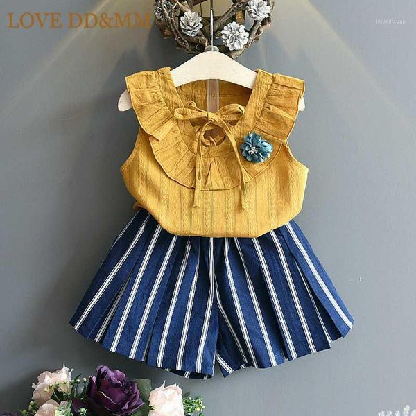 

love dd&mm girls clothing sets 2020 summer new girl fashion cotton flower sleeveless t-shirts + stripe shorts suit1, White
