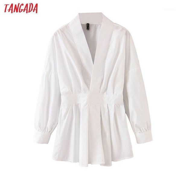 

tangada women tunic strethy waist white shirts long sleeve solid elegant office ladies work wear blouses qb871