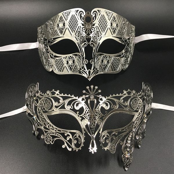 Metal de prata Filigree Homens Mulheres Venetian Masquerade Bola Máscaras Amantes Gold Mardi Gras Mostra Bola Casal Casal Party Party Set Y200103