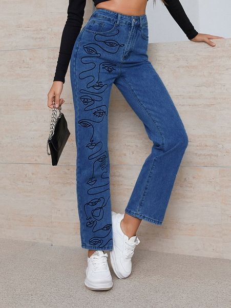 

high waist figure graphic straight leg jeans y6hu#, Blue