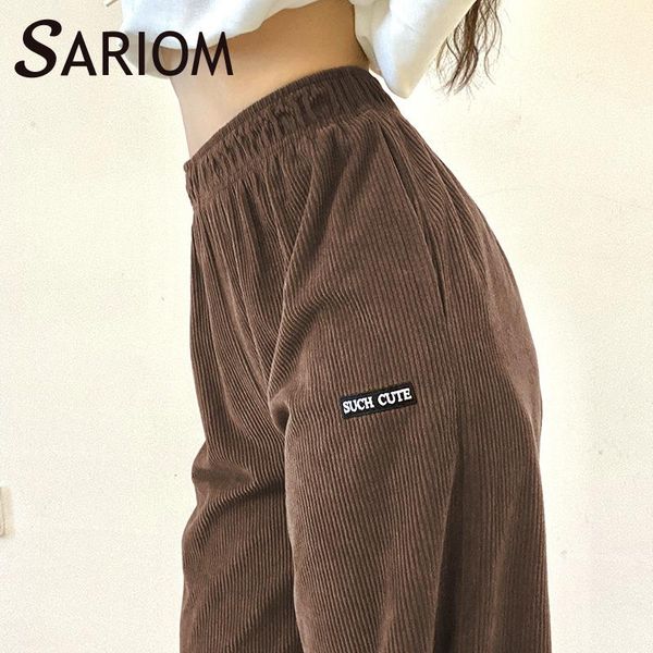 

womens letter embroidery brown y2k corduroy jogging pants streetwear fashion 2021 autumn bunch baggy jogger high waist trousers, Black;white