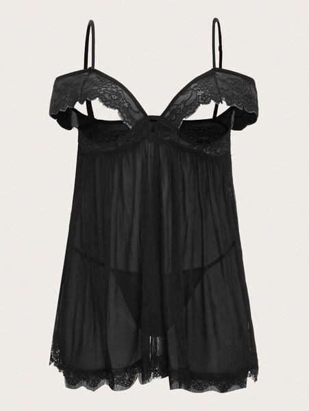 

plus cut-out sheer mesh slips with thong 38mm#, Black;white