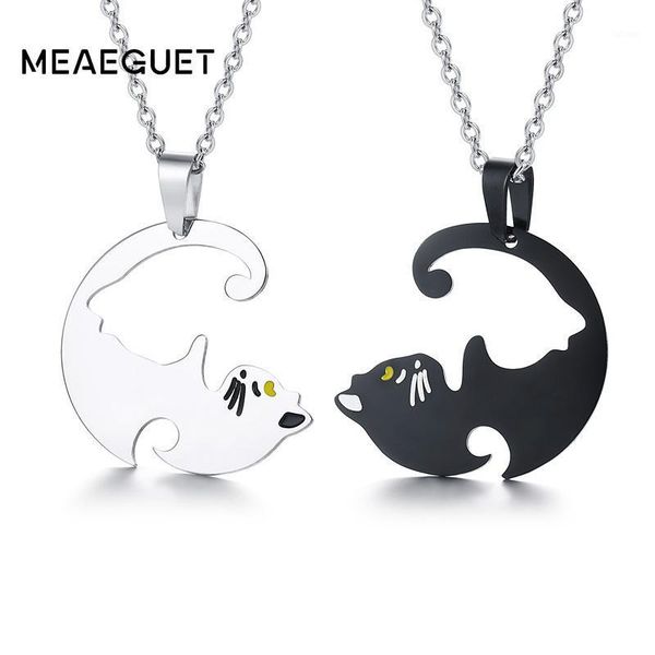 

couples cat pendant love necklace black white puzzle stainless steel 20inch 24inch chains charm chocker gifts 2pcs/ set1, Silver