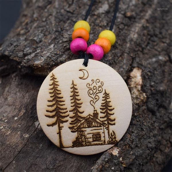 

12pcs harmonious nature pattern wooden moon cabin tree necklace outdoor campfire pendant jewelry gifts1, Silver