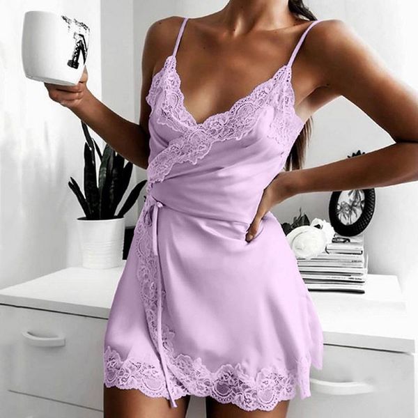 

women's sleepwear women lace v-neck spaghetti strap silk nightwear dress homewear plus size solid satin ladies nightdress nightgown, Black;red