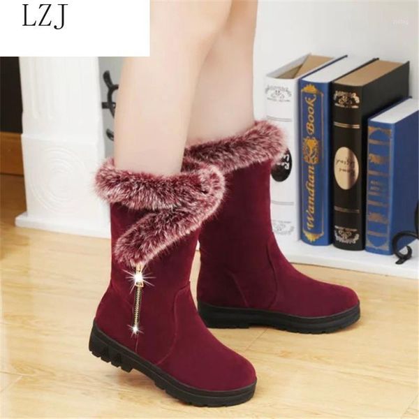 

boots winter women casual warm fur mid-calf shoes slip-on round toe flats snow muje plus size 35-411, Black