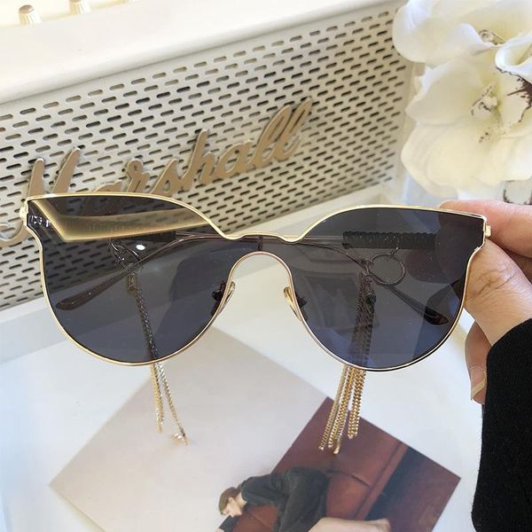 

sunglasses luxury chain cat eye fashion women men cool round sun glasses with diamonds one piece shades uv400, White;black