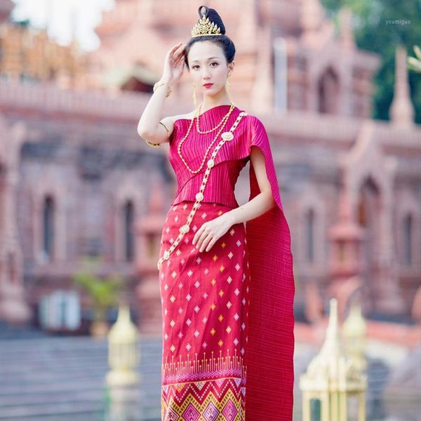 

thai dress ahom shan dai custuomes vintage summer lesssleeve ladies shawl pha sin thailand traditional clothing for women1, Red