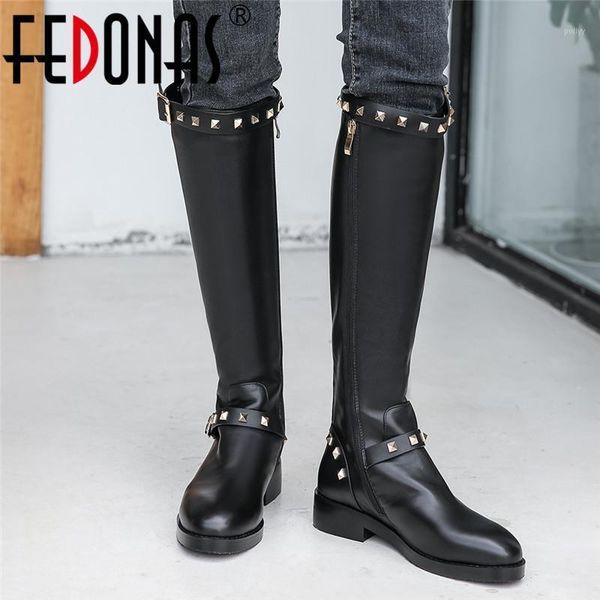 

boots fedonas metal rivets high women autumn winter warm riding party shoes woman est side zipper knee high1, Black