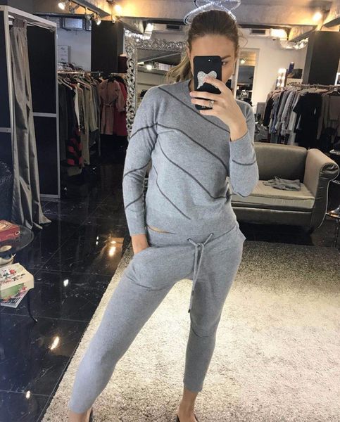 

winter mode wool and mesh warm suits, sweater beads + mink cashmere leisure pants sets of two wj1559 pieces, Gray