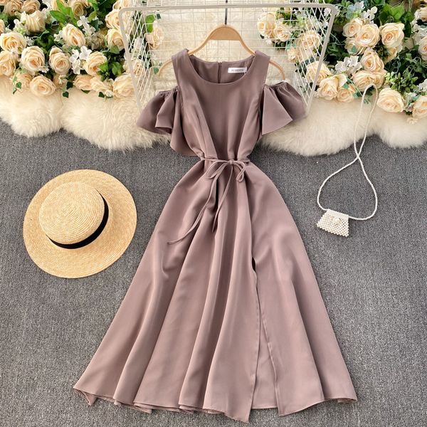 

2021 new elegant singiny off the shoulder frilly sleeves short to line dressed summer streetwear dresses k9nf, Black;gray