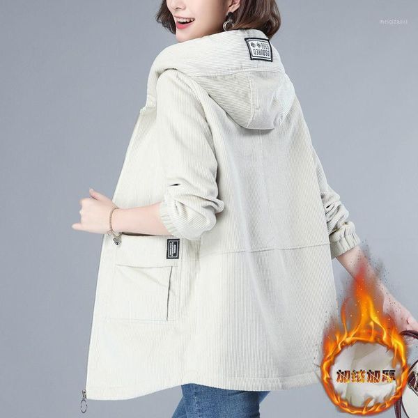 

plush hooded plus size windbreaker women 2020 new mother dress loose fall/winter corduroy mid-length female jacket l501, Tan;black