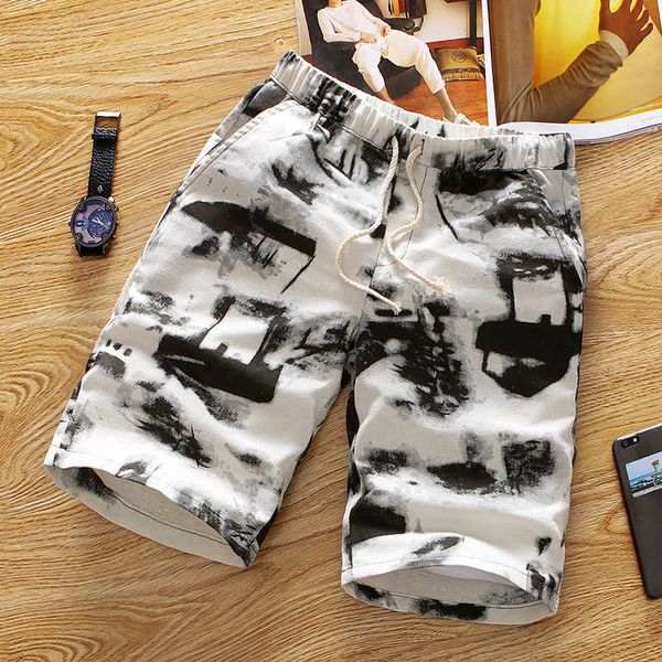 

lace up floral cotton linen shorts breathable summer pants, White;black