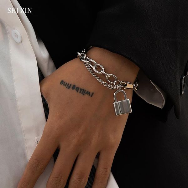 

charm bracelets shixin charms stainless steel chain with lock pendant for women/men trendy layered hand jewelry gifts, Golden;silver