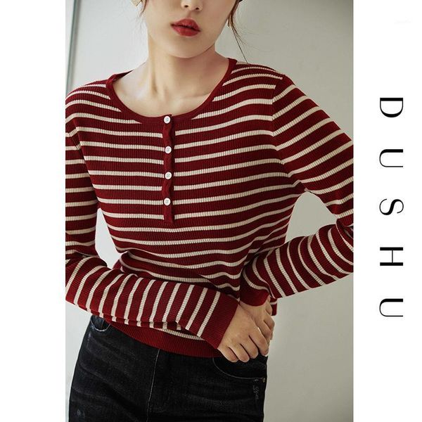 

dushu plus size casual striped knitted sweater women long sleeve slim black pollover spring autumn basic female vintage jumper1, White;black