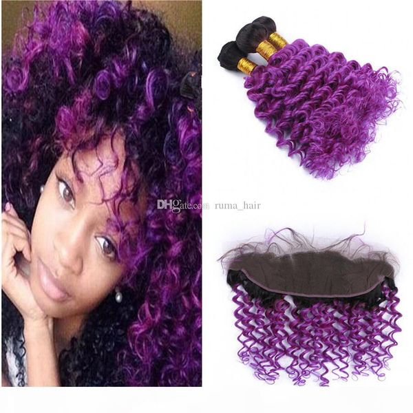 

two tone purple ombre human hair weaves with lace frontal deep wave curly ombre full lace frontal closure with 3 bundles hair, Black;brown