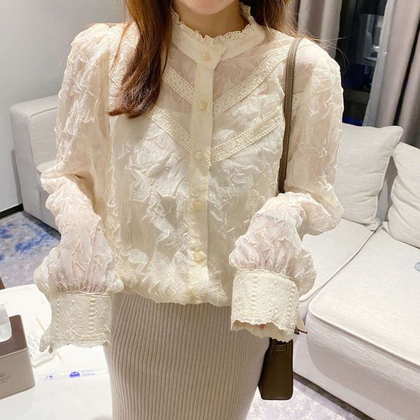 

you / meinei with half high collar lace shirt for women, White