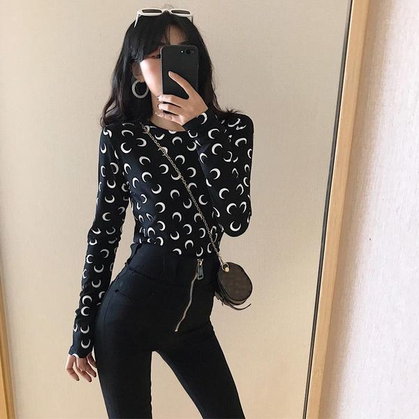 

new arrival spring autumn harajuku black white t-shirts moon printed long sleeve women t shirt round neck slim shirt tee1