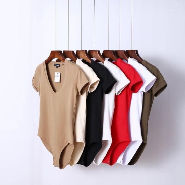 

fp style solid color deep v neck short sleeve slim bodysuit simple fashion t shirt street style1, Black;white