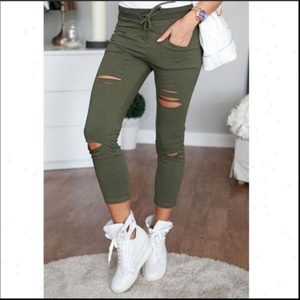 

2020 solid color leggings ripped decor high waist ankle length leggings slim pencil skinny leggings for ladies, Black