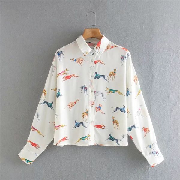 

2021 new animal printed cropped satin blouse women autumn collared long sleeve button up shirt ladies fashion loose casual lqgu, White