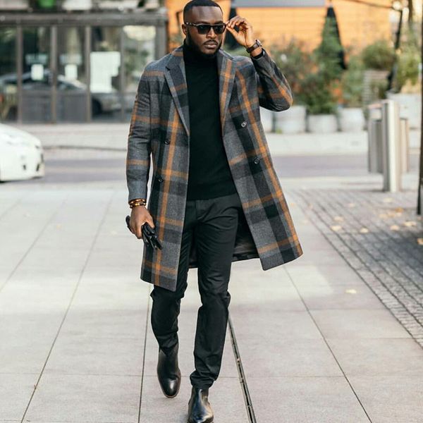 

fashion mens winter long overcoat 2020 casual plaid woolen jacket wedding tuxedos one piece costume homme mariage peaky blinders, Black;gray