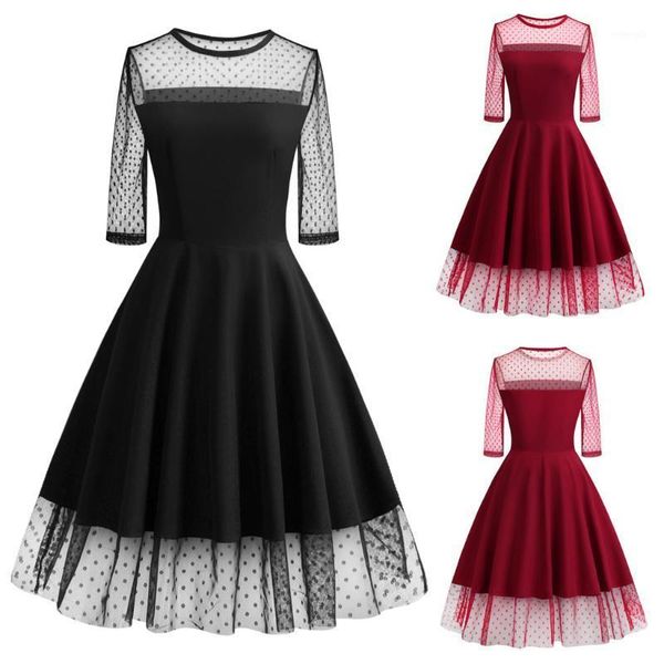 

boho beach dress women o-neck half sleeve dot mesh patchwork ball gown vintage formal party dress s-2xl women multiway1, Black;gray