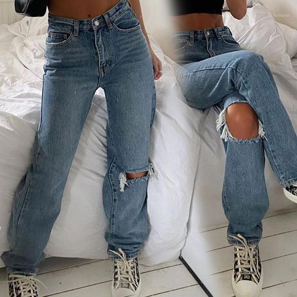 

hip-hop solid color ripped long hole jeans denim long hole ruins casual brand ladies jeans trousers ladies1, Blue
