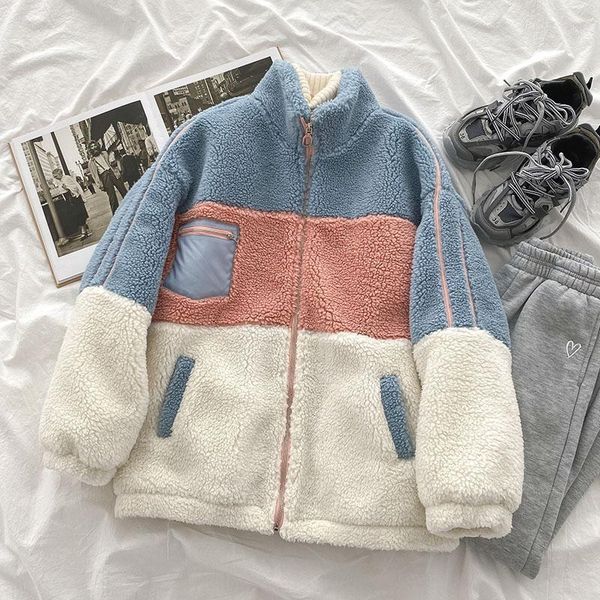 

pocket zipper patchwork women fur coats winter new 2021 turtleneck loose thicken warm female outwear 1, Black