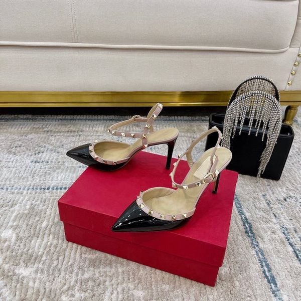 

2022 lily shoes women leather stud sandals t-strap sandal summer chunky high heels rivets shoes ladies party shoes black white, Black;red