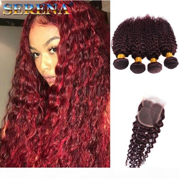 

human hair bundles with lace closure 4 bundles 99j kinky curly hair with closure brazillian bundles with closure virgin human hair weave, Black;brown