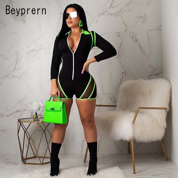 Beyprern Fashion Zip Up Striped Workout Pagliaccetto Plus Size Sexy Neon Green Mesh Patchwork One Piece Tuta corta Donna Catsuit T200704