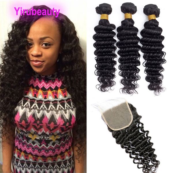 

malaysian human hair 5x5 closure with 3 bundles deep wave lace closures baby hairs with bundles double wefts 4pcs natural color, Black;brown
