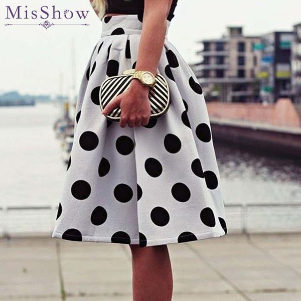 

2018 women black & white casual polka dots printed flared tutu circle pleated midi skater skirts high waist summer vintage skirt1