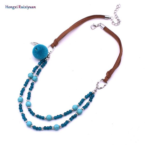 

chokers bohemian style handmade beaded necklace fashion crystal fur ball leather rope women's natural stone jewelry, Golden;silver