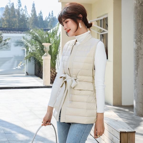 

women's vest with adjustable waistcoat ultra light down vest female down coat fashion long slim sleeveless c1204, Black