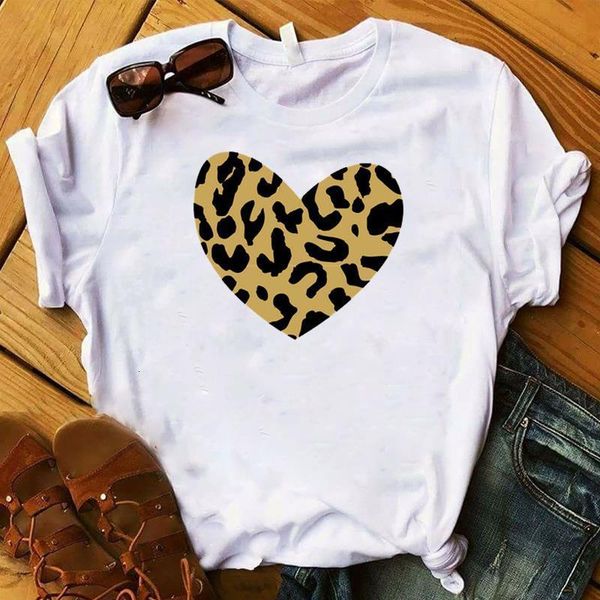 

women lady t shirt love leopard heart printed tshirt ladies short sleeve tee shirt women female clothes graphic t-shirt, White
