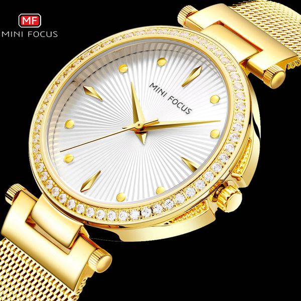

2019 mini focus golden waterproof quartz women watches ultra thin mesh band crystal decorated case ladies watch brand luxury, Slivery;brown