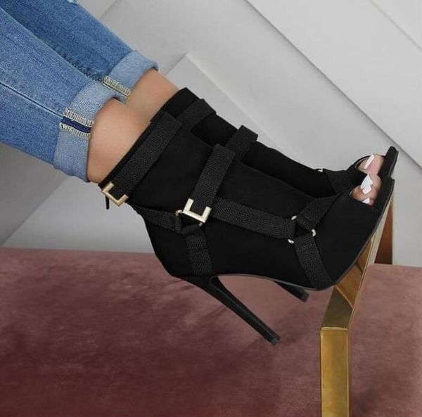 

army green peep toe back zipper bootie peep toe buckle strap thin heeled gladiator sandals boot shoes women ankle boot, Black