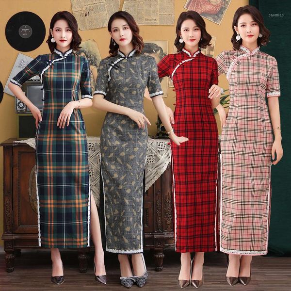 

new arrival vintage print flower cheongsam cotton linen bride wedding dress gown mandarin collar autumn long elegant qipao1, Red