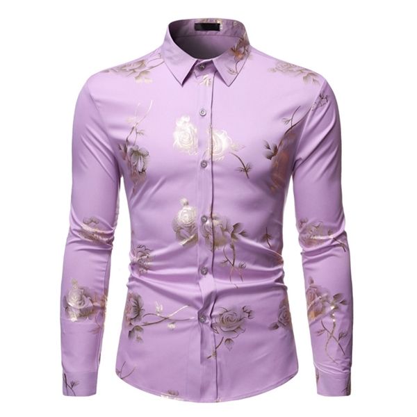 

stylish rose floral gold print pink shirt men 2020 new slim fit long sleeve mens dress shirts club party wedding camisa social c1211, White;black