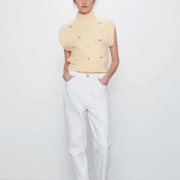 

za women floral embroidered knit vest sweater pullover casual pull female woman clothes drop shipping high quality, White;black