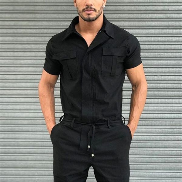 

2021 fall men short sleeve basic work coverall male pure color cargo overalls casual street wear jumpsuit men's fashion overalls1, Black
