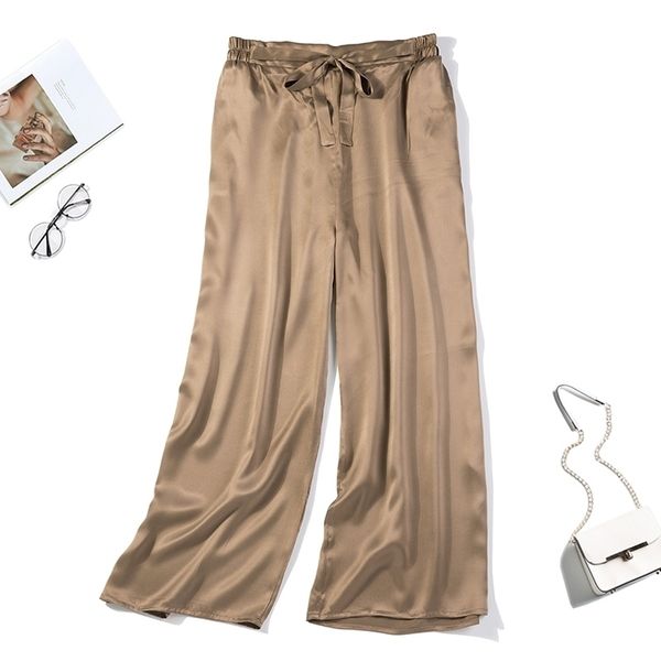 

women's 100% pure silk loose long pants trousers  black navy lj201029, Black;white