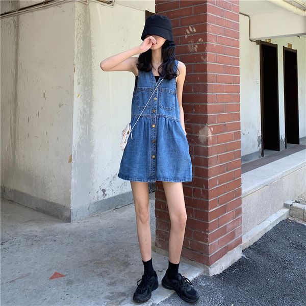 

2021 new summer again short mini blue denim sleeveless tank dress button pockets clothes bn0r, Black;gray